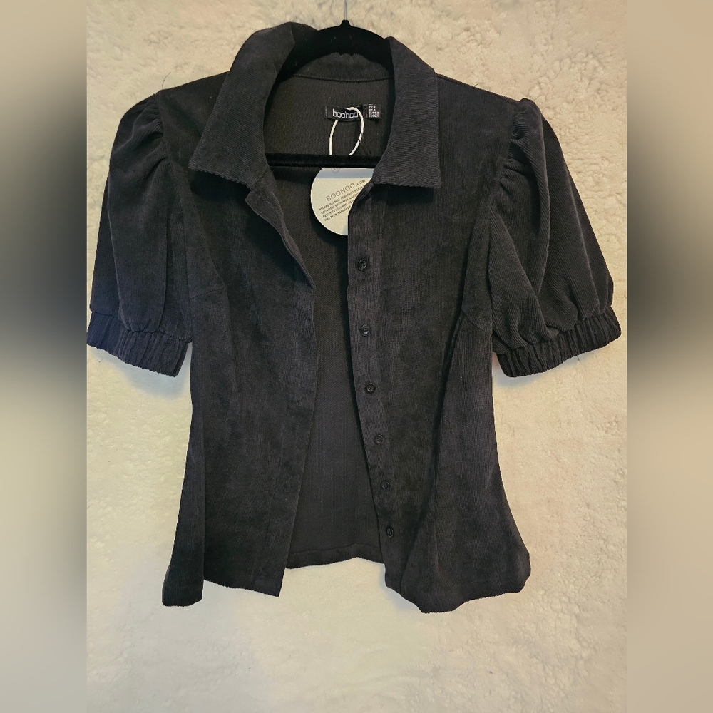 Black Corduroy Puff Sleeve Shirt